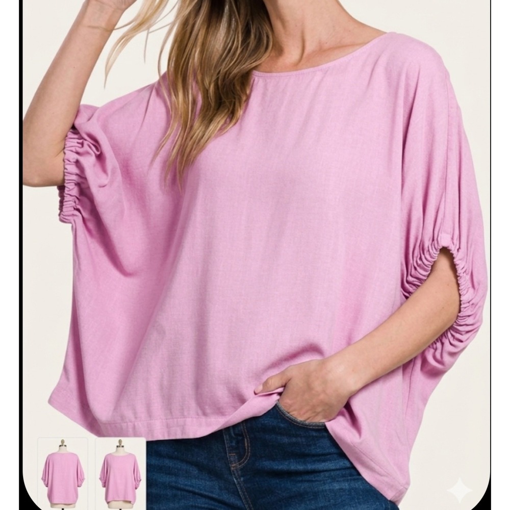 Zenana Woven Oversized Boxy Top Mauve Ruched‎ Dolman Sleeve Blouse XL